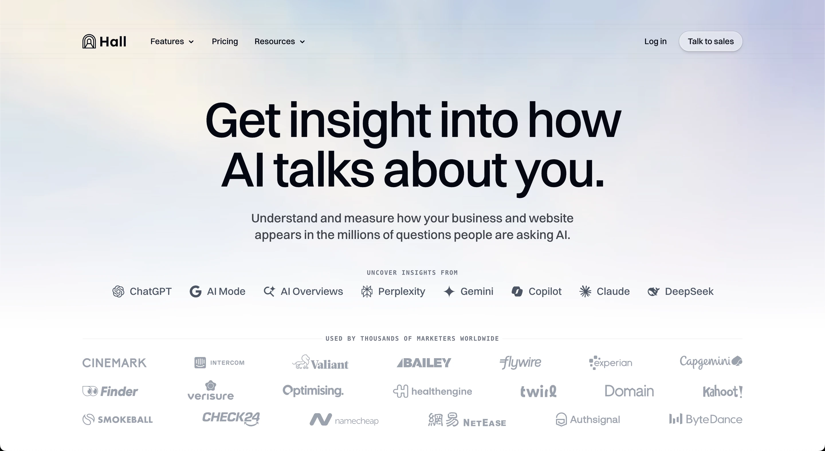 Hall AI homepage (captured July 2026): "Get insight into how AI talks about you."