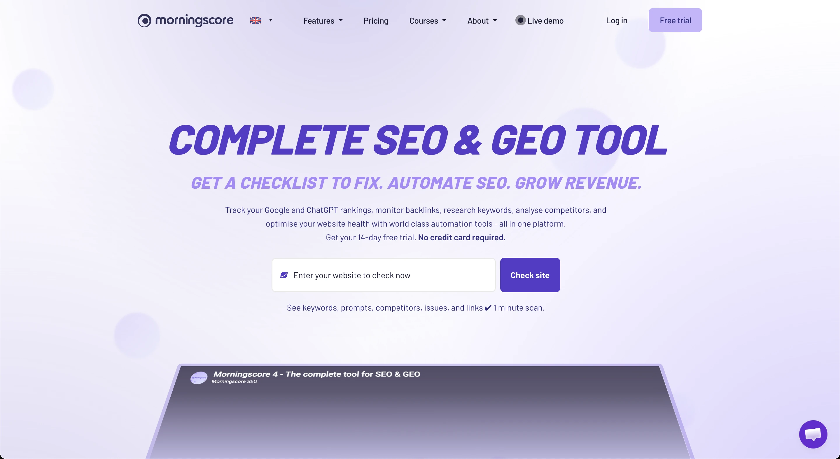 Morningscore homepage (captured July 2026)