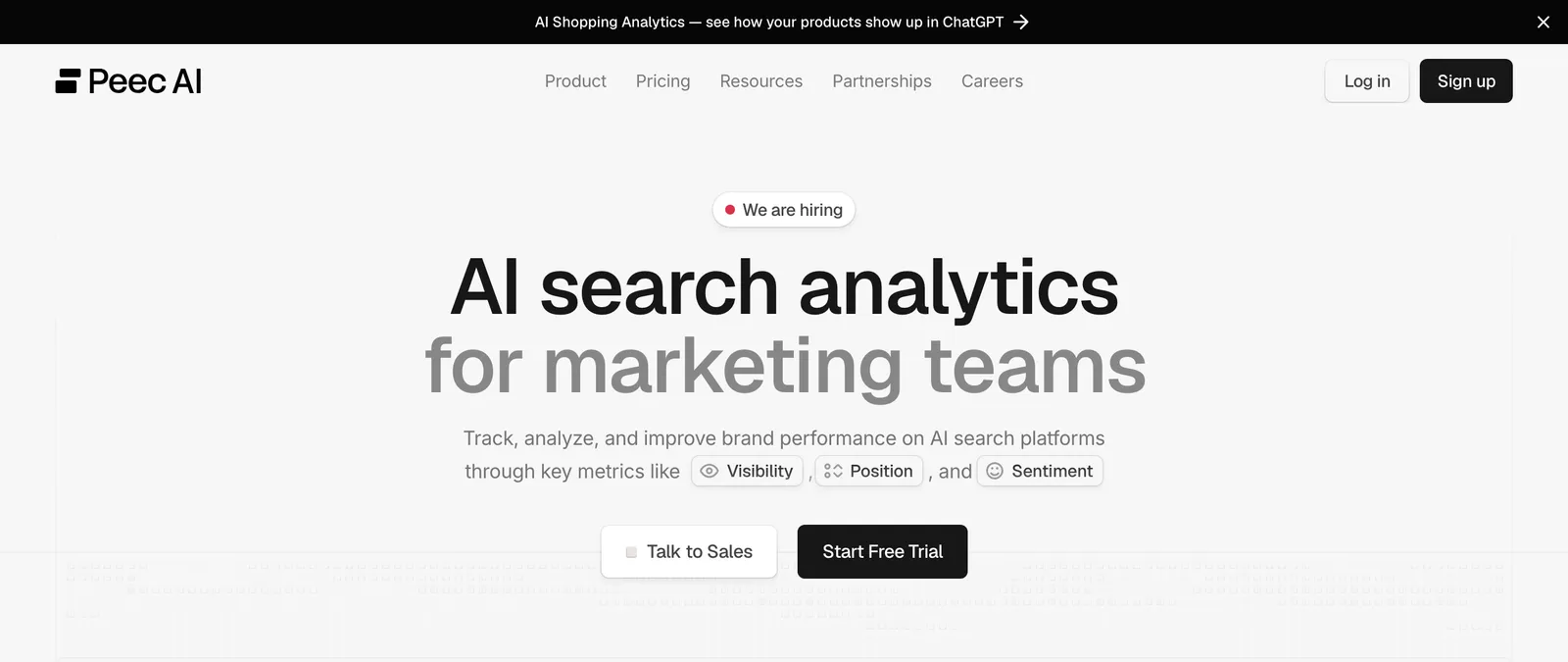 Peec AI homepage (captured July 2026)