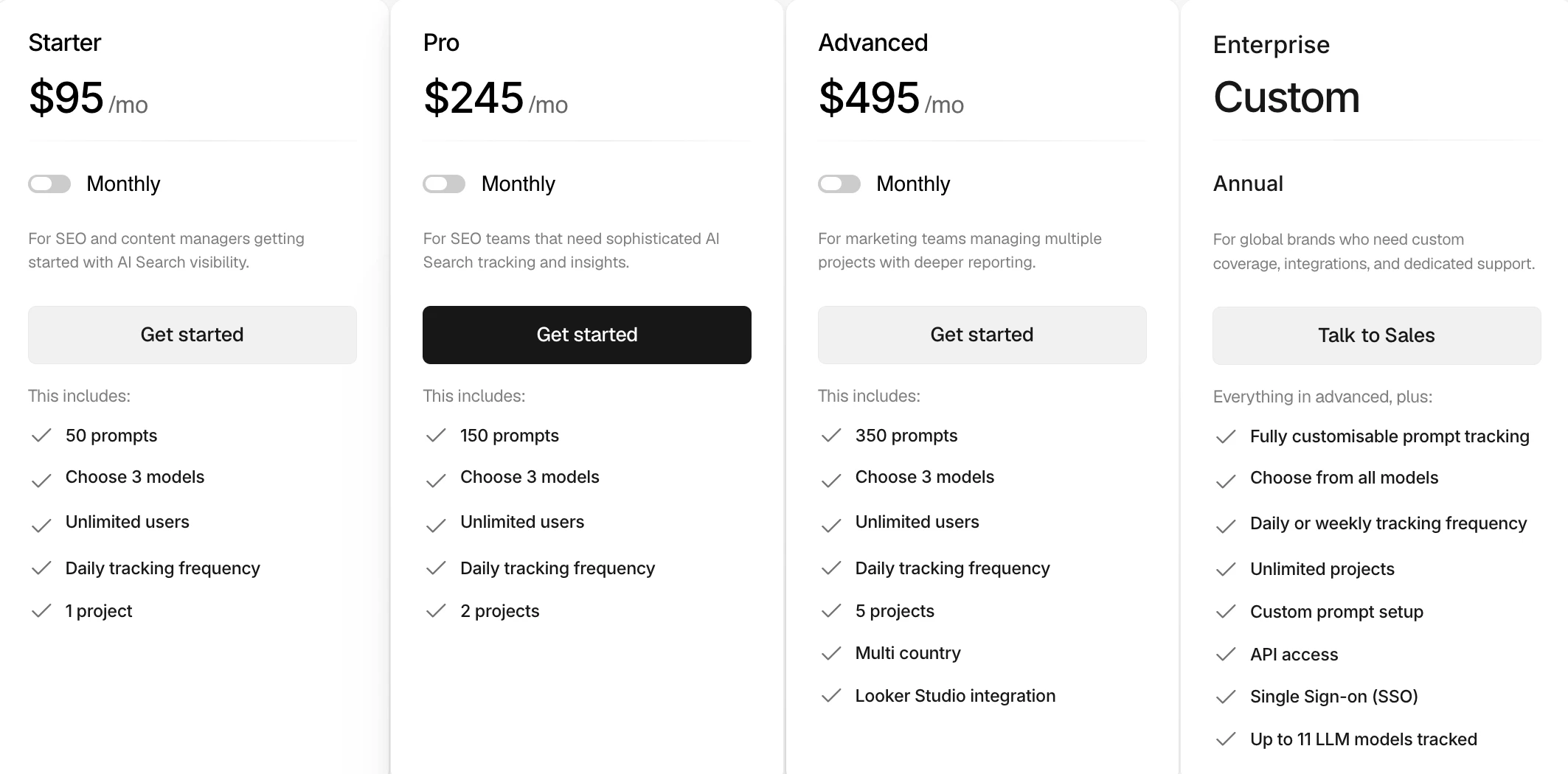 Peec AI pricing (July 2026): Starter $95/mo, Pro $245/mo, Advanced $495/mo, and custom Enterprise — each self-serve tier tracking 3 chosen models.