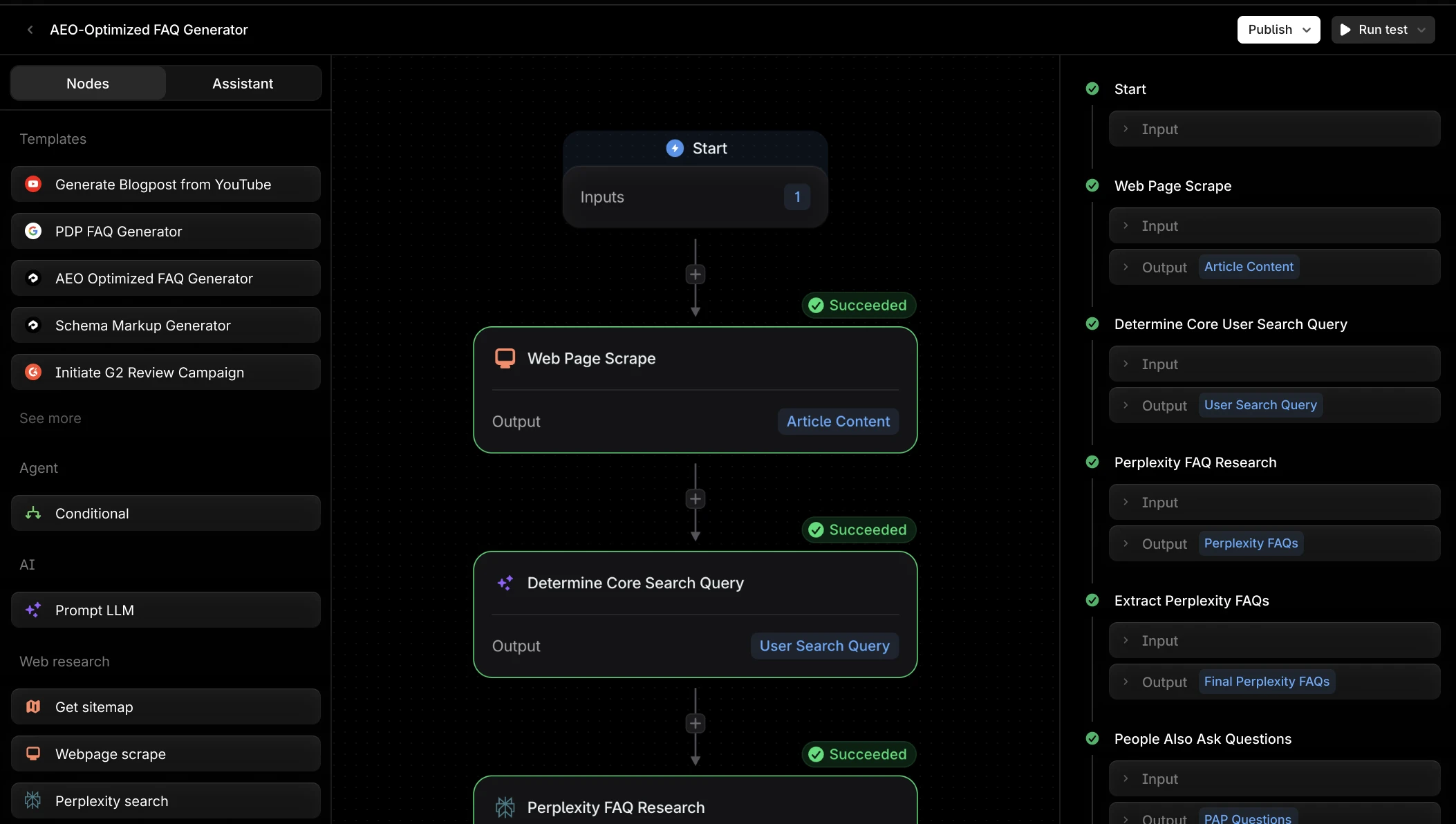Profound's Agents builder: an "AEO-Optimized FAQ Generator" workflow with chained nodes — web-page scrape, determine search query, Perplexity FAQ research — each marked succeeded.