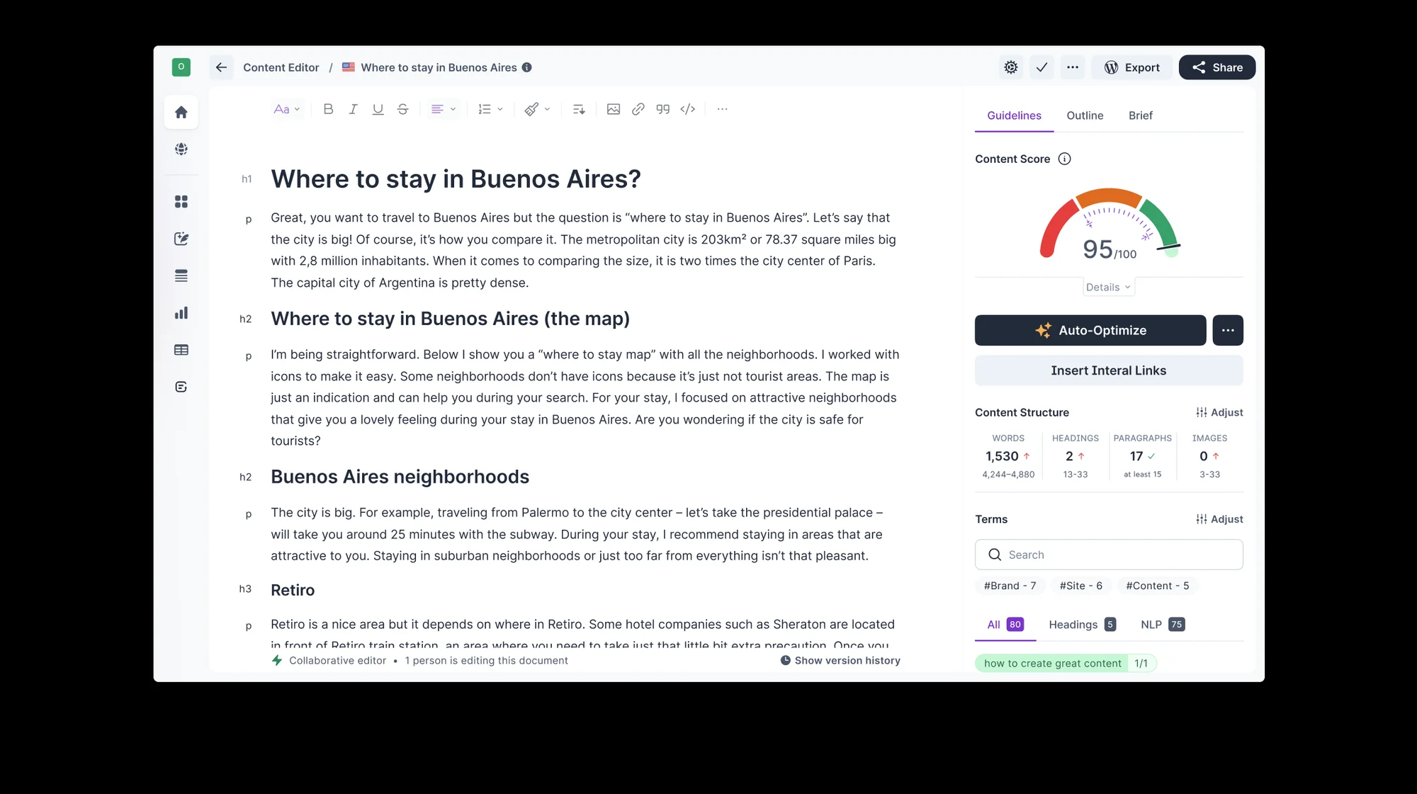 Surfer's Content Editor: a live Content Score out of 100 with term and NLP guidelines, structure targets, and one-click auto-optimize.
