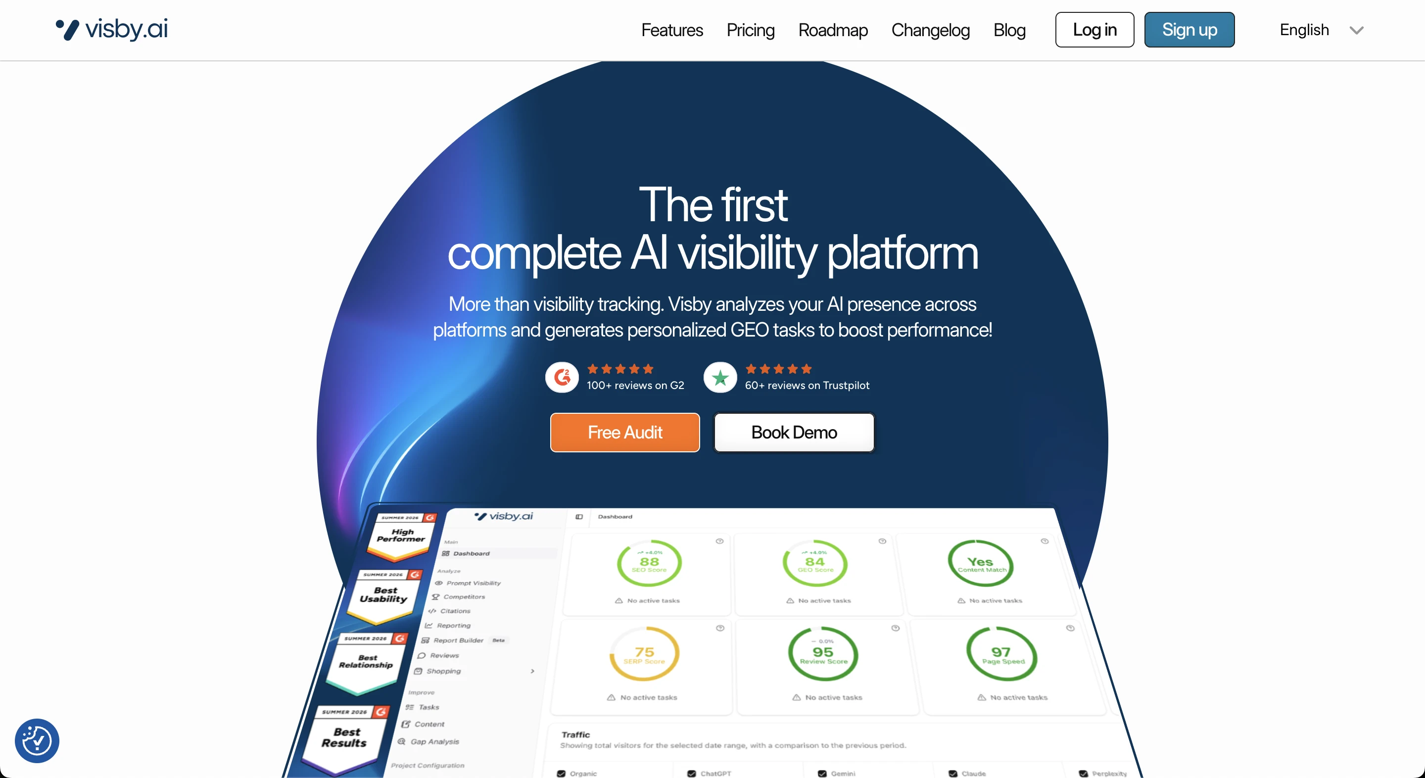 Visby AI homepage (captured July 2026): "The first complete AI visibility platform."