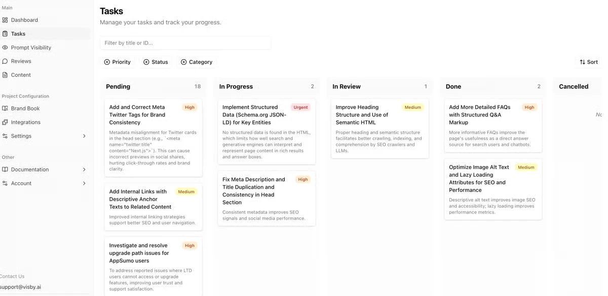 Visby AI GEO task board: auto-generated optimization tasks (schema, meta tags, headings, FAQs) organized across Pending, In Progress, In Review, and Done columns.